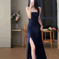 Gorgeous Sheath Spaghetti Straps Navy Blue Sequin Evening Dress Prom Dresses Birthday Outfits C3613