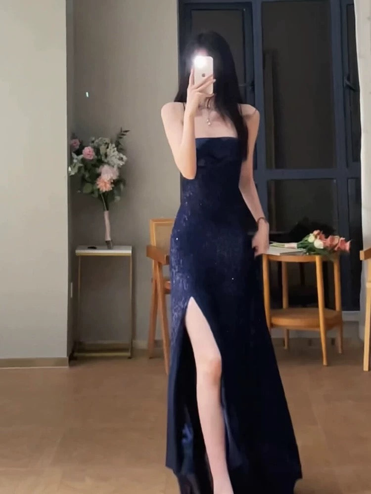 Gorgeous Sheath Spaghetti Straps Navy Blue Sequin Evening Dress Prom Dresses Birthday Outfits C3613