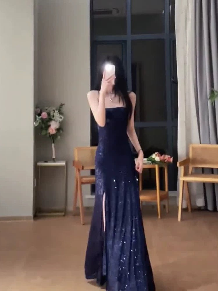 Gorgeous Sheath Spaghetti Straps Navy Blue Sequin Evening Dress Prom Dresses Birthday Outfits C3613