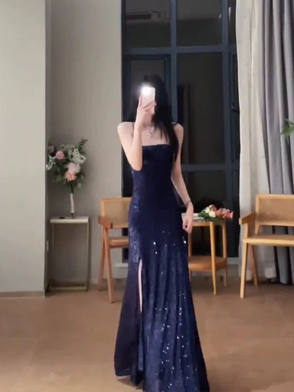 Gorgeous Sheath Spaghetti Straps Navy Blue Sequin Evening Dress Prom Dresses Birthday Outfits C3613