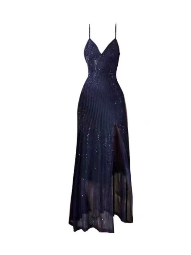 Gorgeous Sheath Spaghetti Straps Navy Blue Sequin Evening Dress Prom Dresses Birthday Outfits C3613