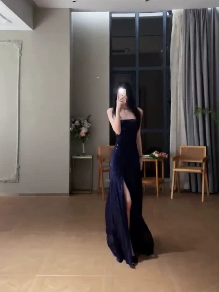 Gorgeous Sheath Spaghetti Straps Navy Blue Sequin Evening Dress Prom Dresses Birthday Outfits C3613