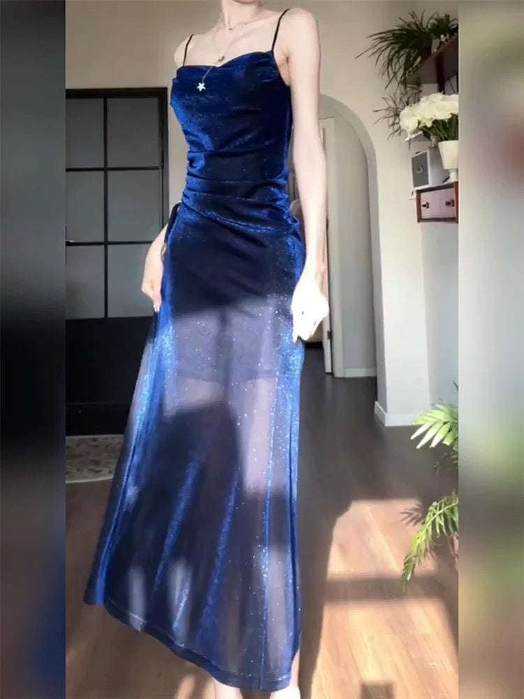 Gorgeous Sheath Spaghetti Straps Navy Blue Long Evening Dress Prom Dresses Birthday Outfits C3614