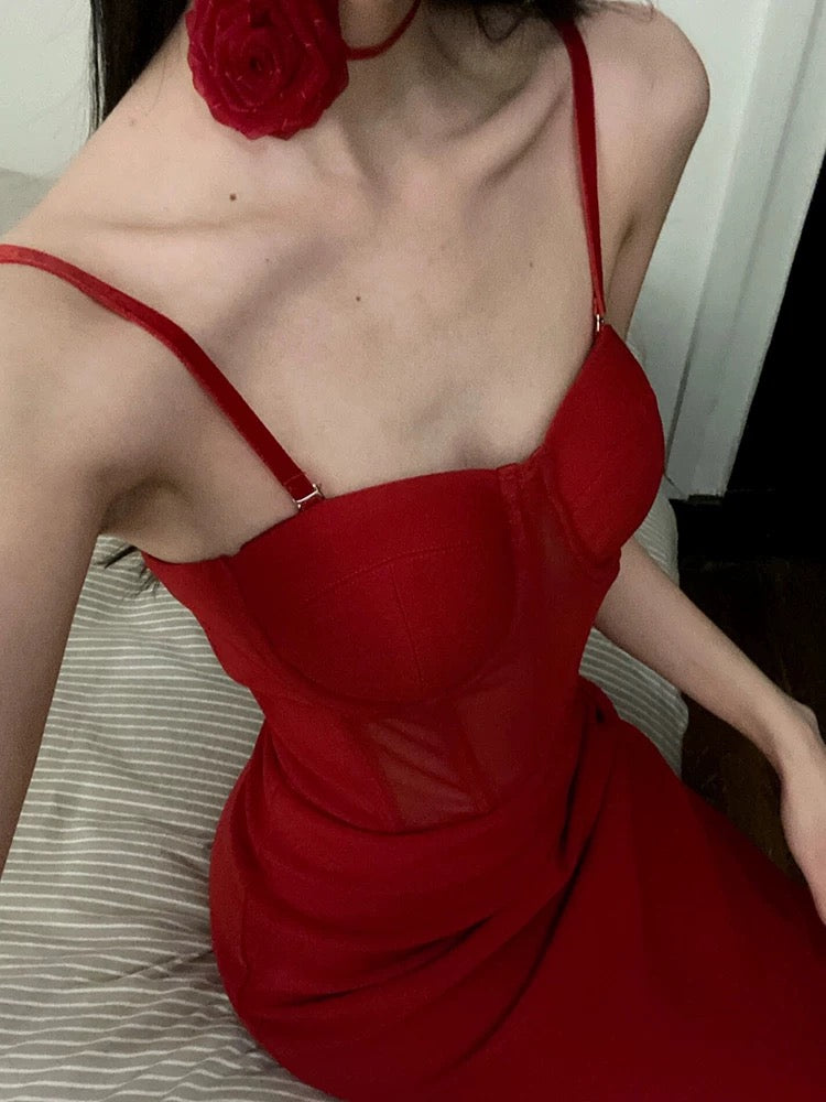 Gorgeous Sheath Spaghetti Straps Red Satin Evening Dress Prom Dresses Birthday Outfits C3617