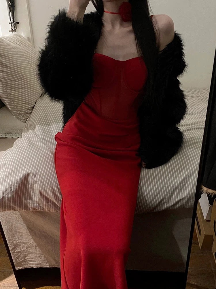 Gorgeous Sheath Spaghetti Straps Red Satin Evening Dress Prom Dresses Birthday Outfits C3617