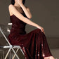 Superbe robe de soirée sirène à bretelles spaghetti bordeaux à paillettes, robes de bal, tenues d'anniversaire C3619