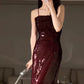 Superbe robe de soirée sirène à bretelles spaghetti bordeaux à paillettes, robes de bal, tenues d'anniversaire C3619