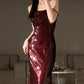 Superbe robe de soirée sirène à bretelles spaghetti bordeaux à paillettes, robes de bal, tenues d'anniversaire C3619