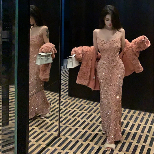 Gorgeous Mermaid Straps Pink Sequin Evening Dress Prom Dresses Birthday Outfits C3621