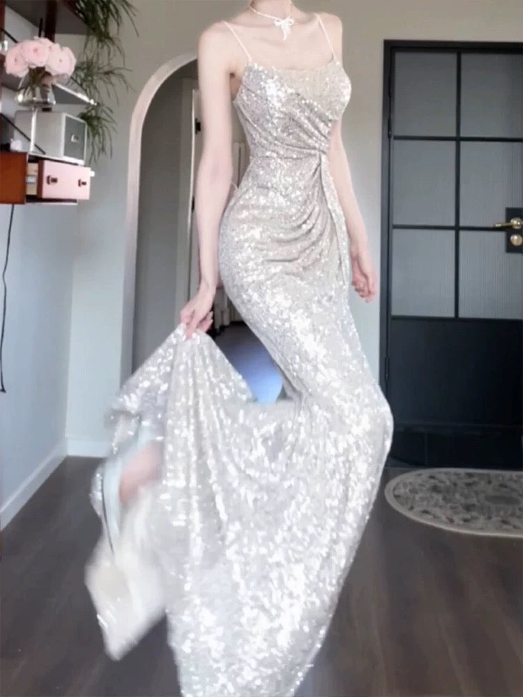 Superbe robe de soirée sirène à bretelles spaghetti et paillettes, robes de bal, tenues d'anniversaire C3622