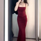 Superbe robe de soirée sirène à bretelles spaghetti bordeaux, robes de bal, tenues d'anniversaire C3624