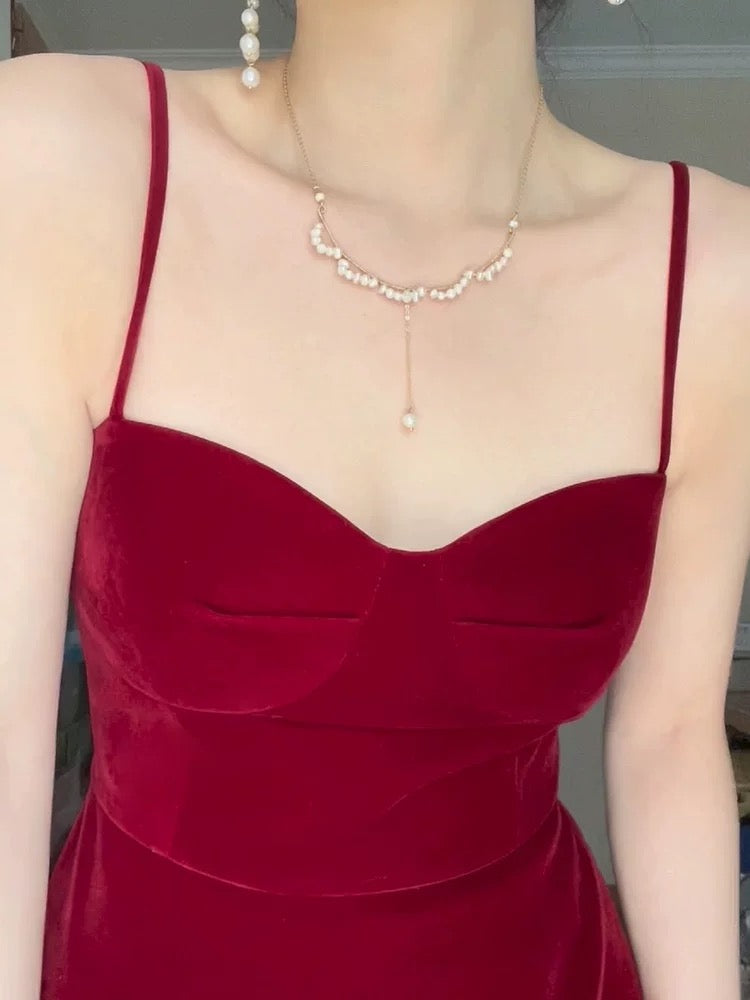 Superbe robe de soirée en velours bordeaux à bretelles spaghetti en ligne A, robes de bal, tenues d'anniversaire C3627