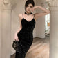 Gorgeous Sheath Spaghetti Straps Black Sequin Evening Dress Prom Dresses Birthday Outfits C3630