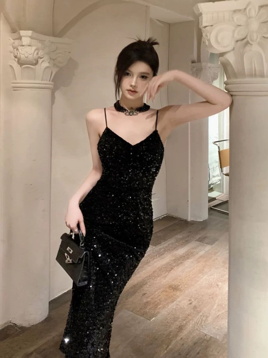Gorgeous Sheath Spaghetti Straps Black Sequin Evening Dress Prom Dresses Birthday Outfits C3630