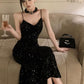 Gorgeous Sheath Spaghetti Straps Black Sequin Evening Dress Prom Dresses Birthday Outfits C3630