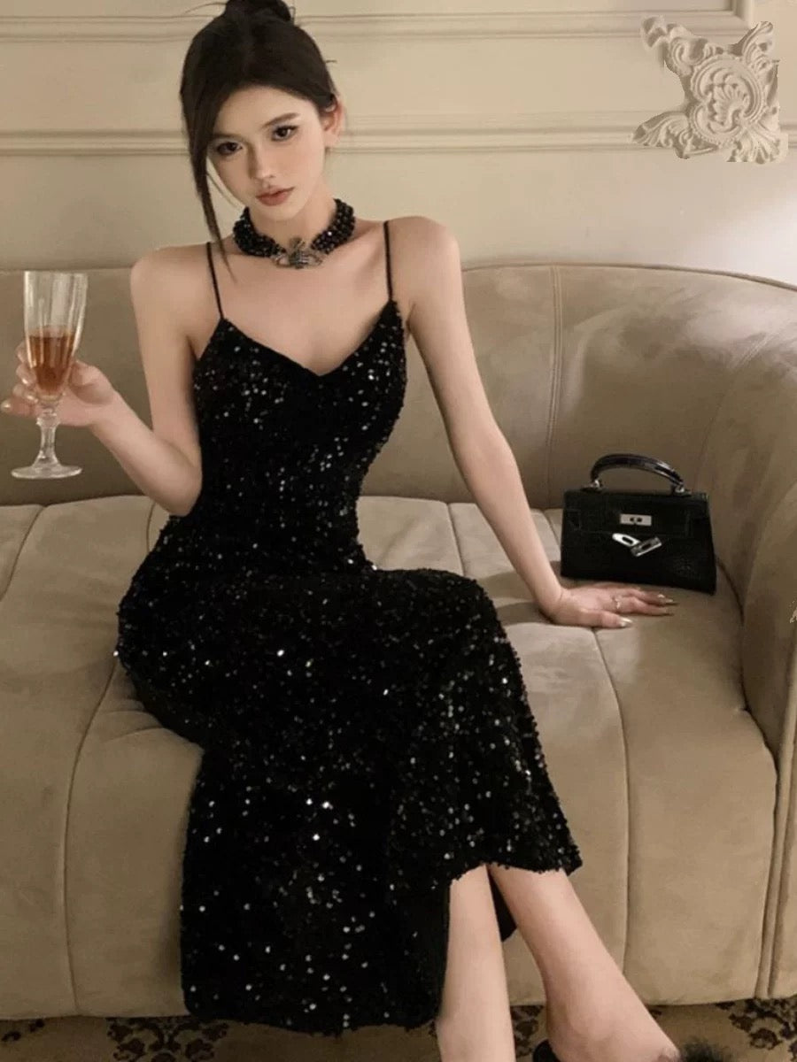 Gorgeous Sheath Spaghetti Straps Black Sequin Evening Dress Prom Dresses Birthday Outfits C3630
