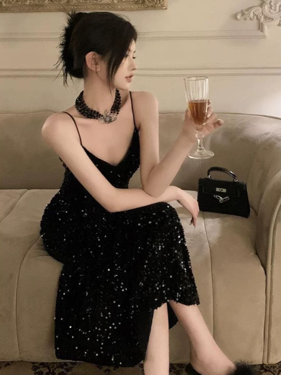 Gorgeous Sheath Spaghetti Straps Black Sequin Evening Dress Prom Dresses Birthday Outfits C3630
