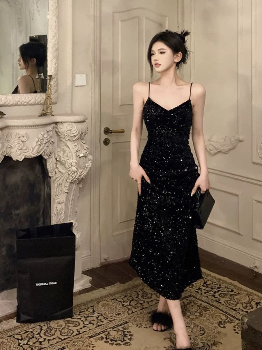 Gorgeous Sheath Spaghetti Straps Black Sequin Evening Dress Prom Dresses Birthday Outfits C3630