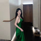 Vintage Mermaid Spaghetti Straps Green Satin Long Birthday Dress Prom Dresses C3631