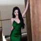 Vintage Mermaid Spaghetti Straps Green Satin Long Birthday Dress Prom Dresses C3631