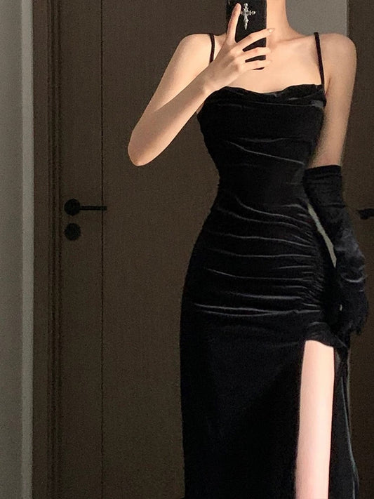 Gorgeous Sheath Spaghetti Straps Black Velvet Evening Dress Prom Dresses Birthday Outfits C3632