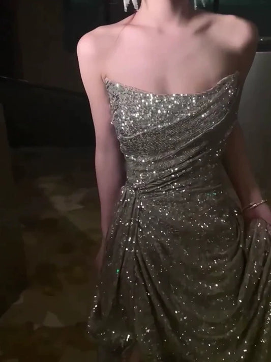 Sexy Sheath Strapless Champagne Sequin Evening Dress Prom Dresses Birthday Outfits C3638