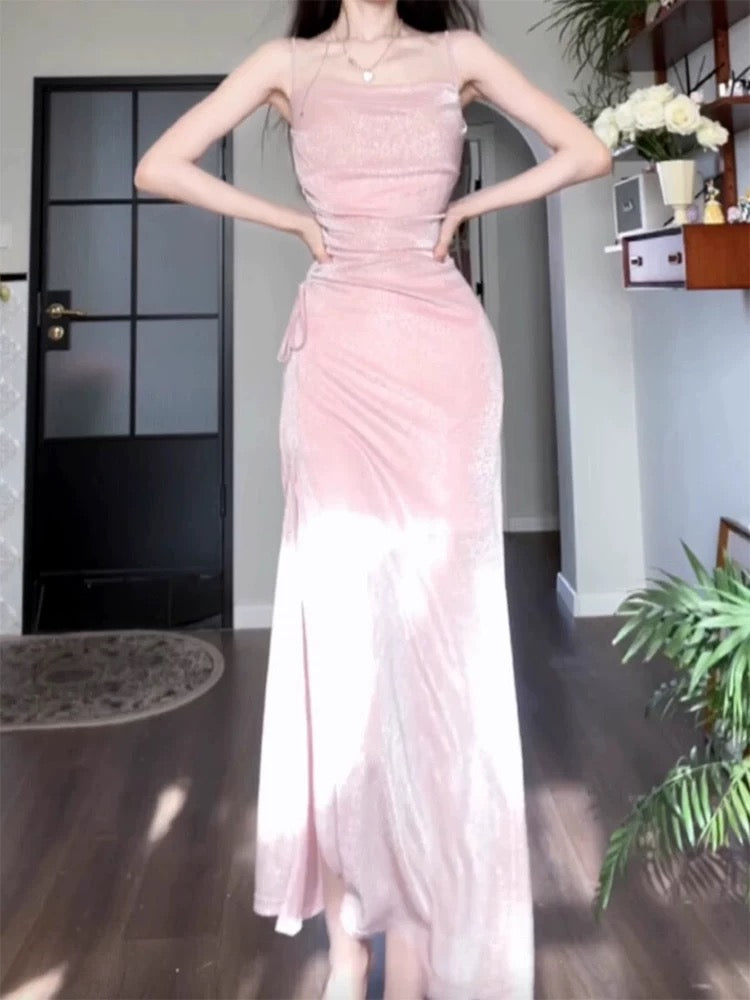 Robe de soirée sexy à bretelles spaghetti et paillettes roses, tenue de bal, tenue d'anniversaire, C3639