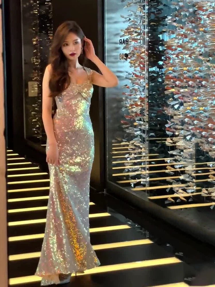 Vintage Mermaid Straps Sequin Backless Long Birthday Dress Prom Dresse