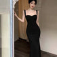 Robe de soirée longue en satin noir à bretelles sirène vintage C3642