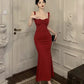 Robe de soirée longue en satin noir à bretelles sirène vintage C3642