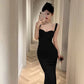 Robe de soirée longue en satin noir à bretelles sirène vintage C3642