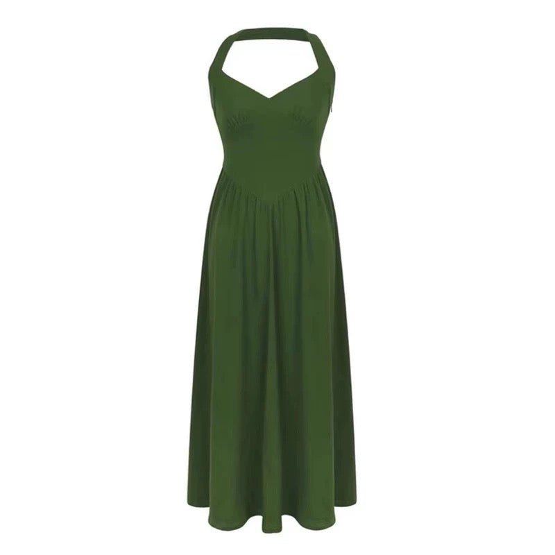 Elegant A line Halter Satin Green Sleeveless Prom Dresses birthday Party Dress C3648