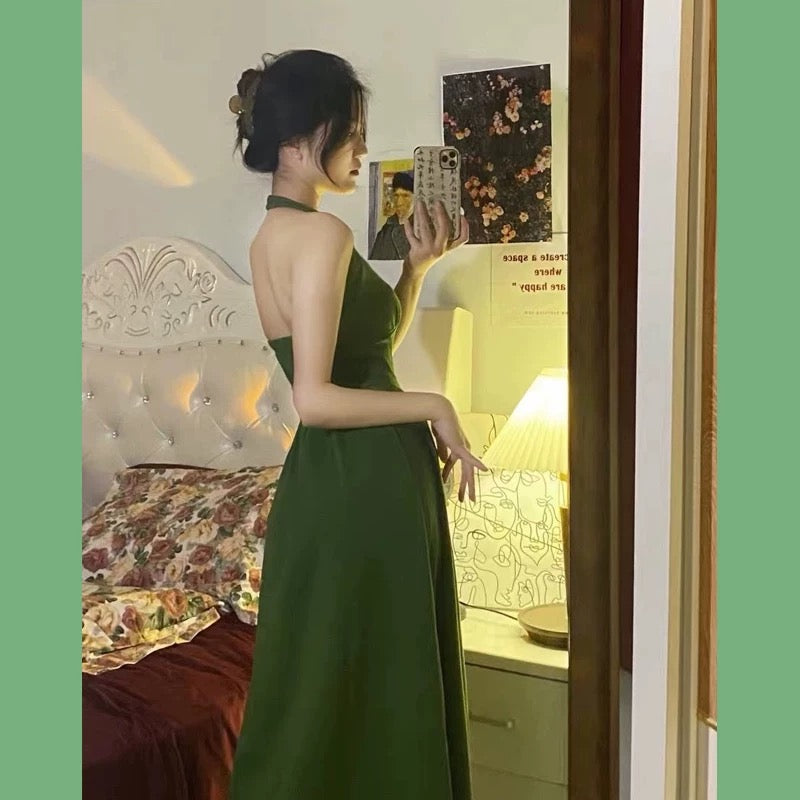 Elegant A line Halter Satin Green Sleeveless Prom Dresses birthday Party Dress C3648