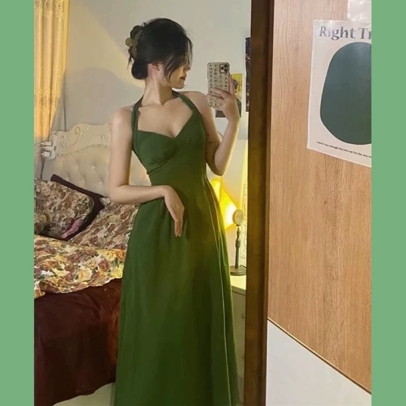 Elegant A line Halter Satin Green Sleeveless Prom Dresses birthday Party Dress C3648