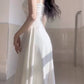 Simple A line Square Satin White Sleeveless Prom Dresses Birthday Party Dress C3649