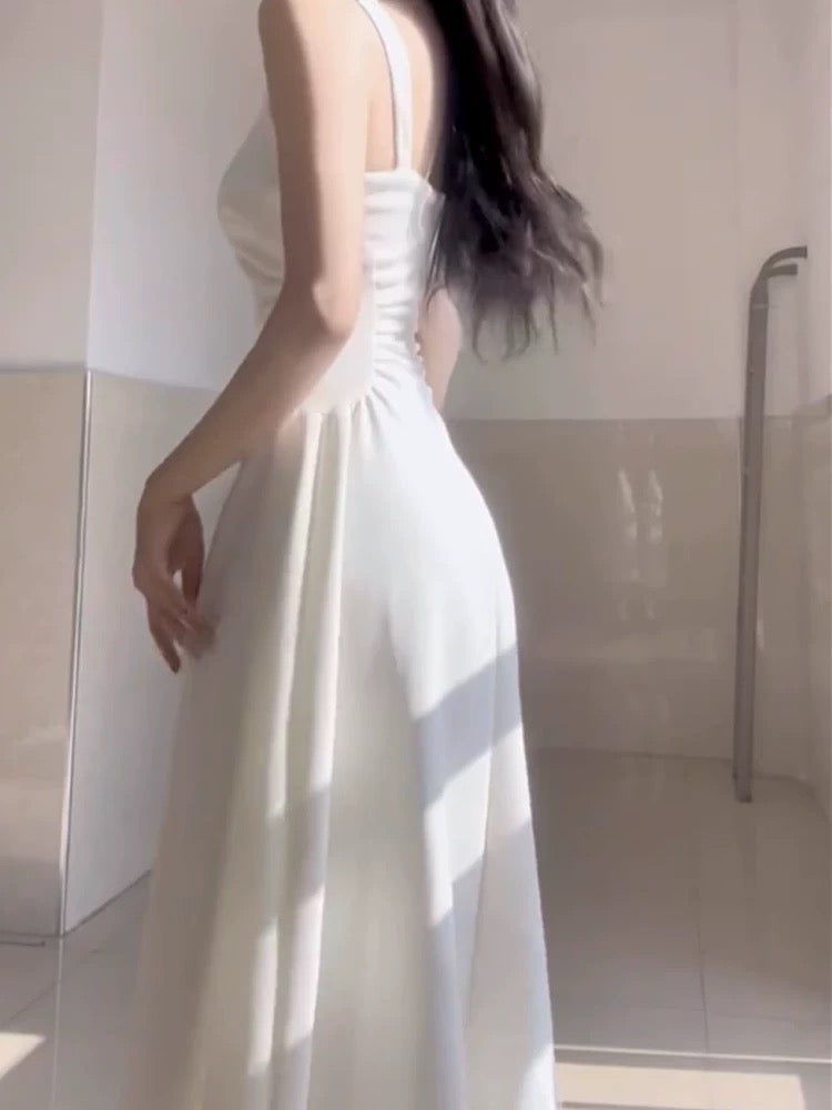 Simple A line Square Satin White Sleeveless Prom Dresses Birthday Party Dress C3649