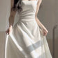 Simple A line Square Satin White Sleeveless Prom Dresses Birthday Party Dress C3649