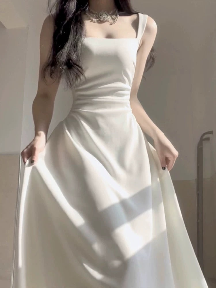 Simple A line Square Satin White Sleeveless Prom Dresses Birthday Party Dress C3649