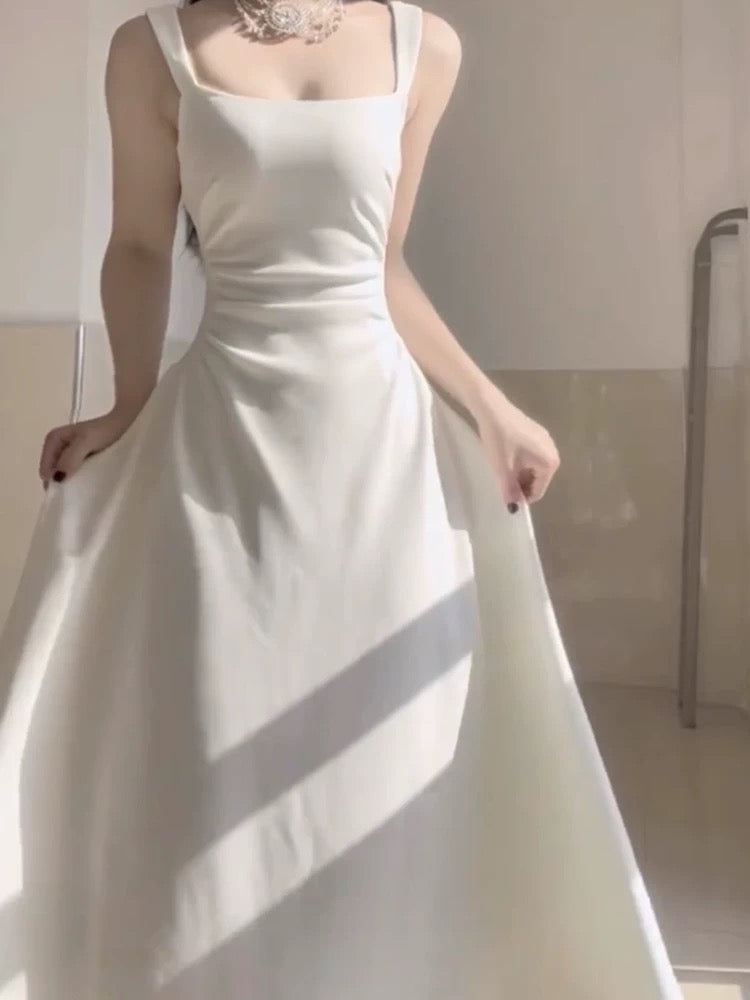 Simple A line Square Satin White Sleeveless Prom Dresses Birthday Party Dress C3649