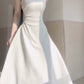 Simple A line Square Satin White Sleeveless Prom Dresses Birthday Party Dress C3649