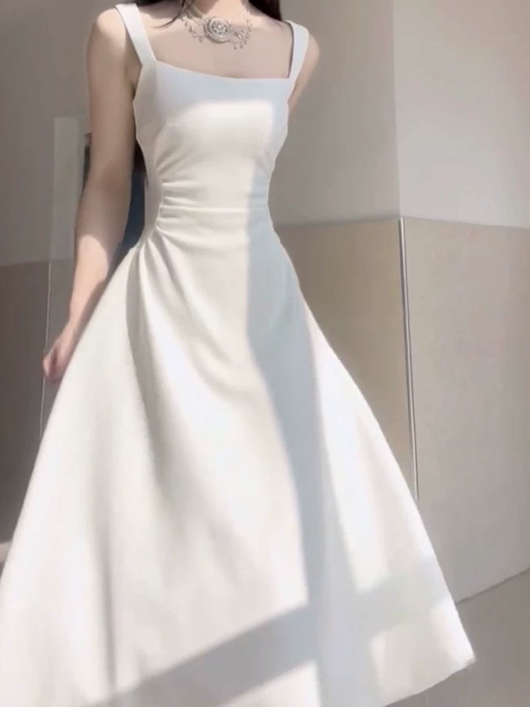 Simple A line Square Satin White Sleeveless Prom Dresses Birthday Party Dress C3649