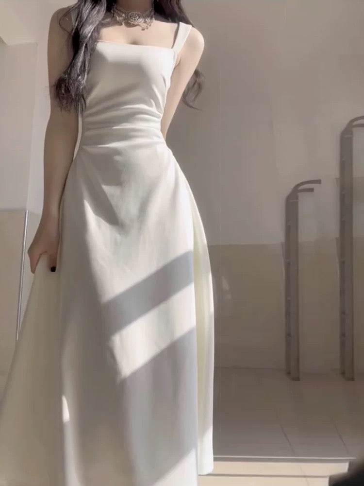 Simple A line Square Satin White Sleeveless Prom Dresses Birthday Party Dress C3649