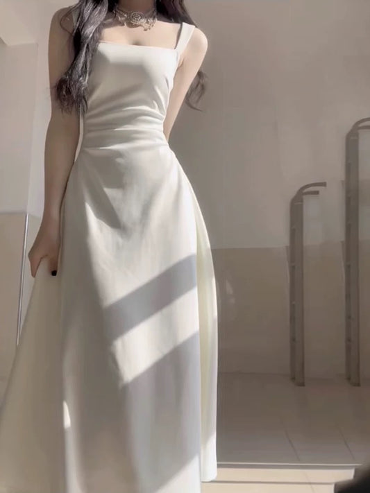 Simple A line Square Satin White Sleeveless Prom Dresses Birthday Party Dress C3649