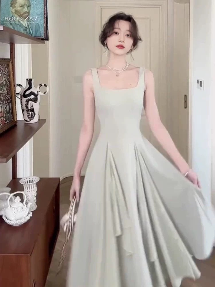 Simple A line Square Neckline Green Sleeveless Chiffon Prom Dresses Birthday Party Dress C3650
