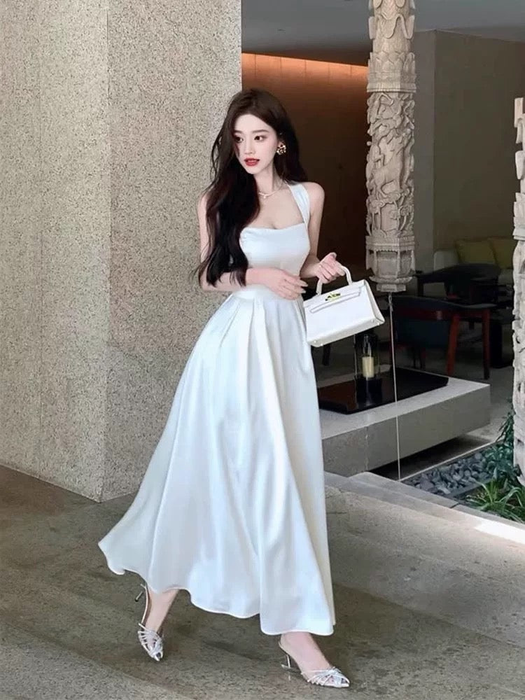 Vintage A Line Square Neckline White Satin Evening Dress Prom Dresses C3650