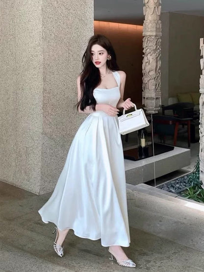 Vintage A Line Square Neckline White Satin Evening Dress Prom Dresses C3650