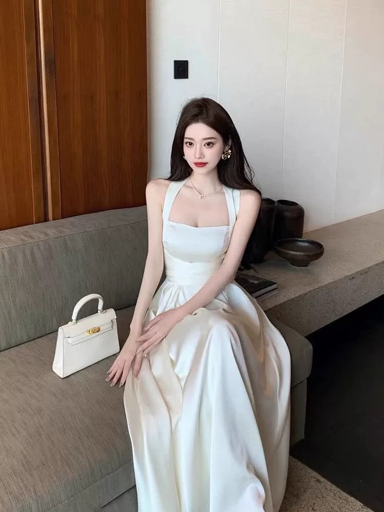 Vintage A Line Square Neckline White Satin Evening Dress Prom Dresses C3650