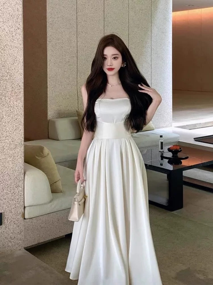 Vintage A Line Square Neckline White Satin Evening Dress Prom Dresses C3650