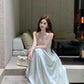 Vintage A Line Square Neckline White Satin Evening Dress Prom Dresses C3650