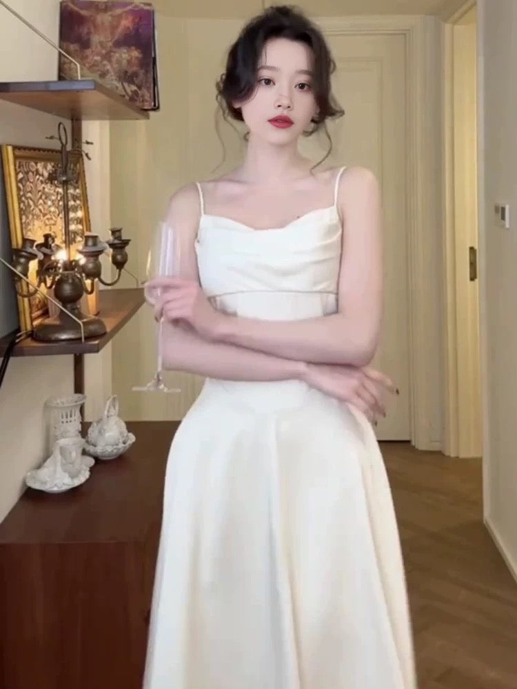Elegant A Line Spaghetti Straps White Satin Prom Dress Birthday Outfits C3651